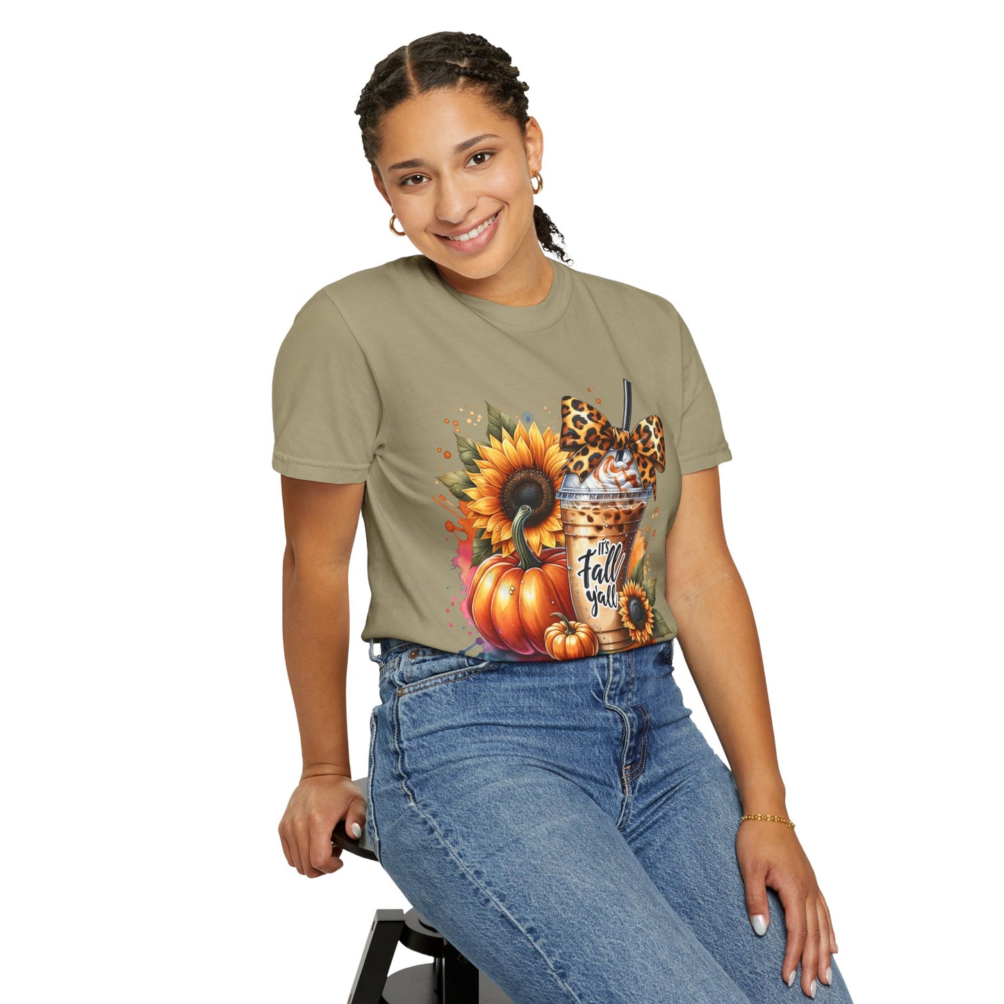 Fall-Themed T-Shirt with Sunflowers and Pumpkin, Unisex Garment-Dyed Tee
