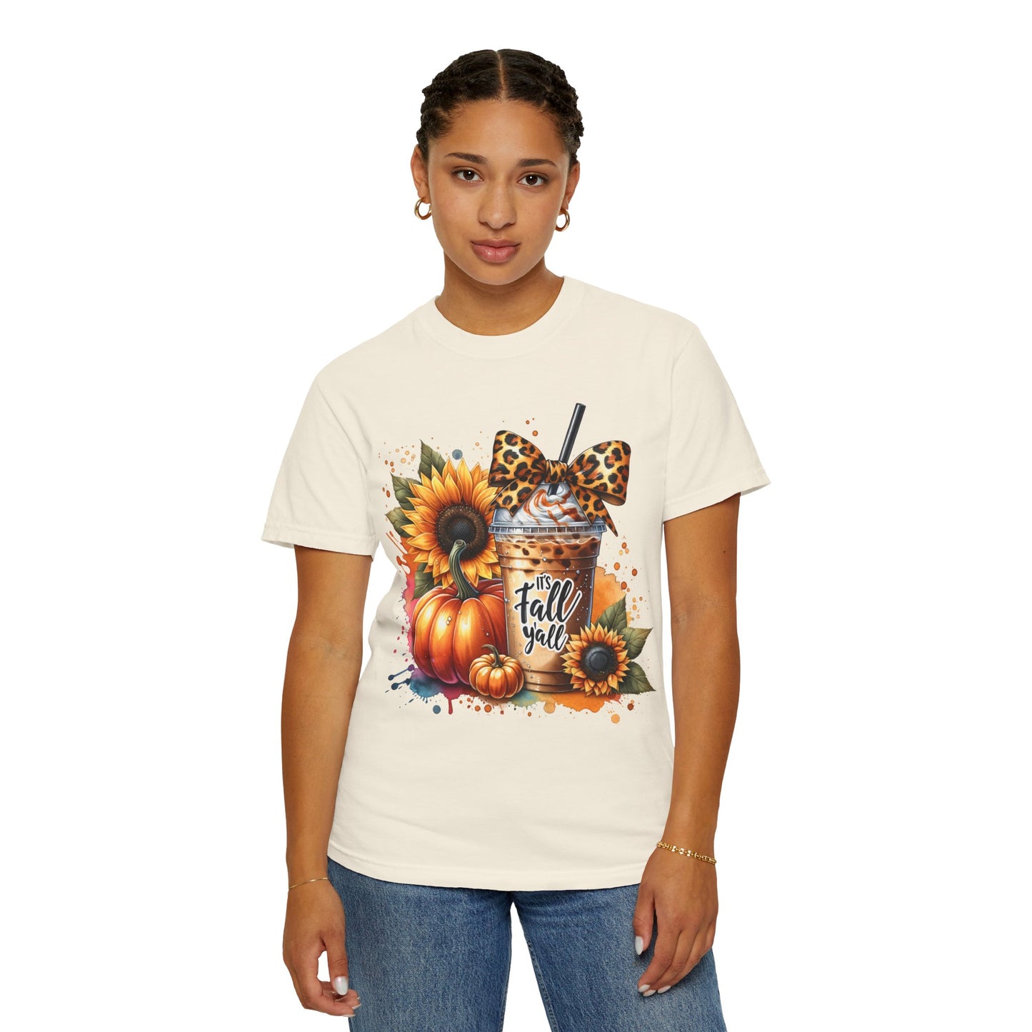 Fall-Themed T-Shirt with Sunflowers and Pumpkin, Unisex Garment-Dyed Tee