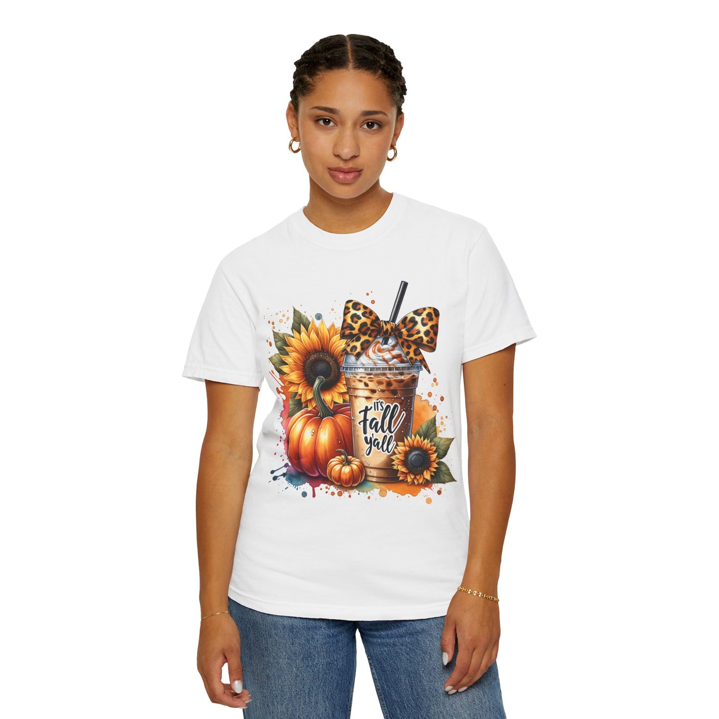 Fall-Themed T-Shirt with Sunflowers and Pumpkin, Unisex Garment-Dyed Tee